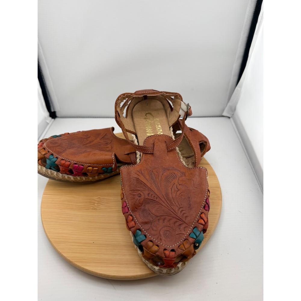 Calzado Venus Mexican Huarache Sandals Tooled Leather Multi Color Espadrille 5